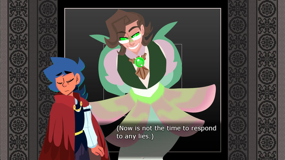 A screenshot of the game. Oleander looks pensive, thinking "Now is not the time to respond to any lies." as they face a scary ghost.