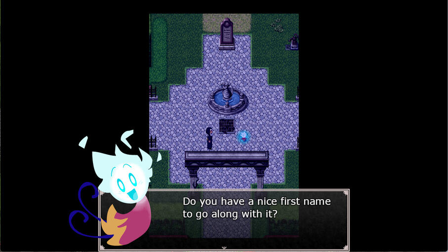 A screenshot of the game, with a ghost asking "Do you have a nice first name to go along with it?"