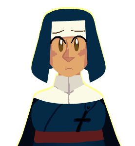 Clarssa Sweetwaters A woman in a habit nervously looks out to the camera.